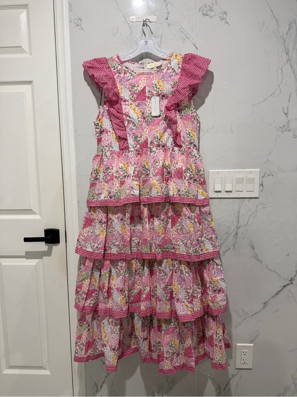 Simply Southern Pink Floral Tiered Maxi Dress with Ruffle Shoulders - Picture 2 of 8